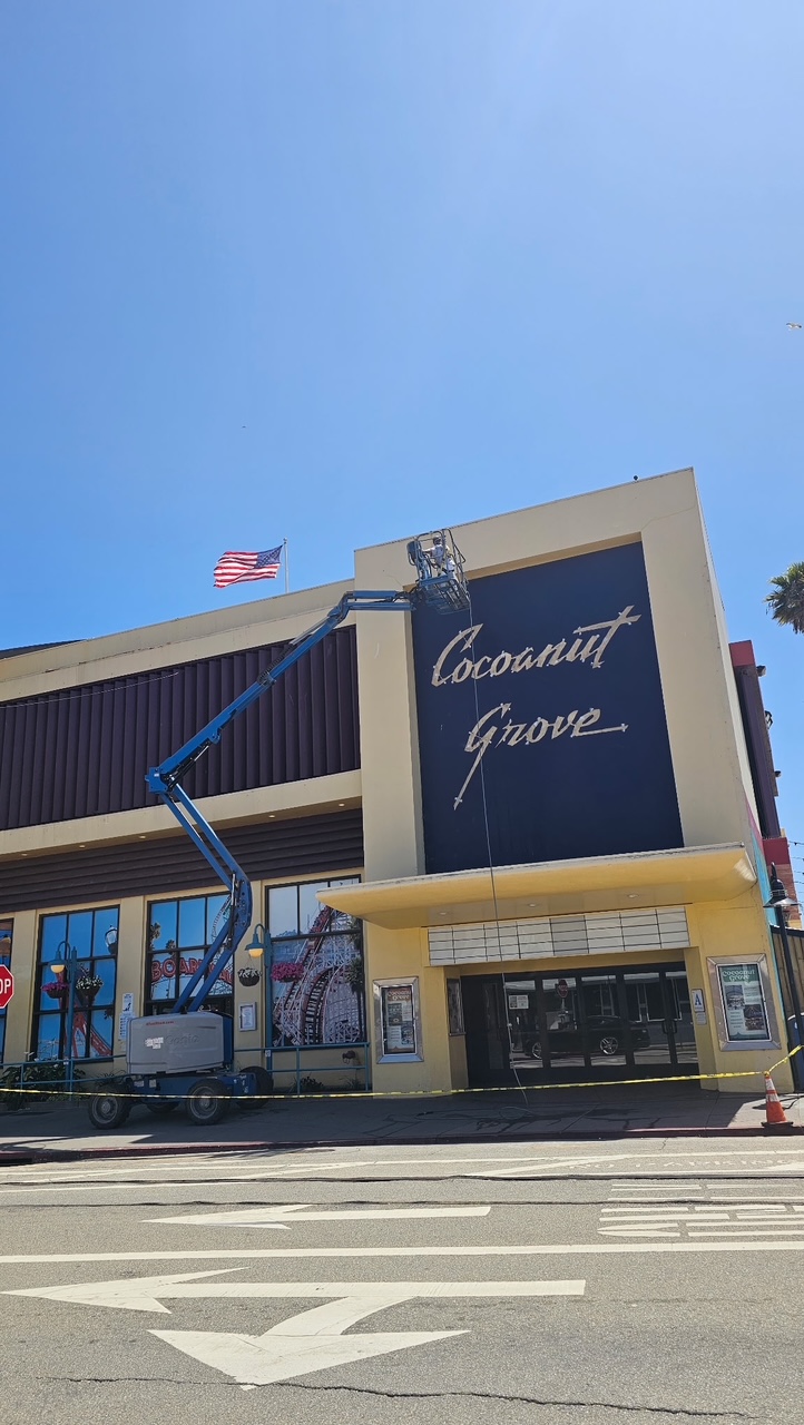 Completed Cocoanut Grove facade with restored sign